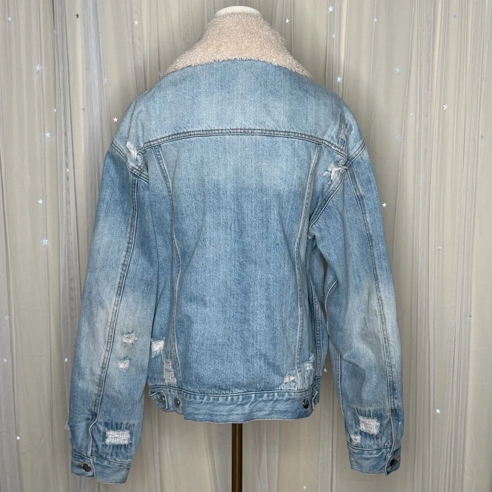 Free People Plaid Lined Denim Sherpa Collar Trucker Oversized Jacket *Flawed - Picture 3 of 9